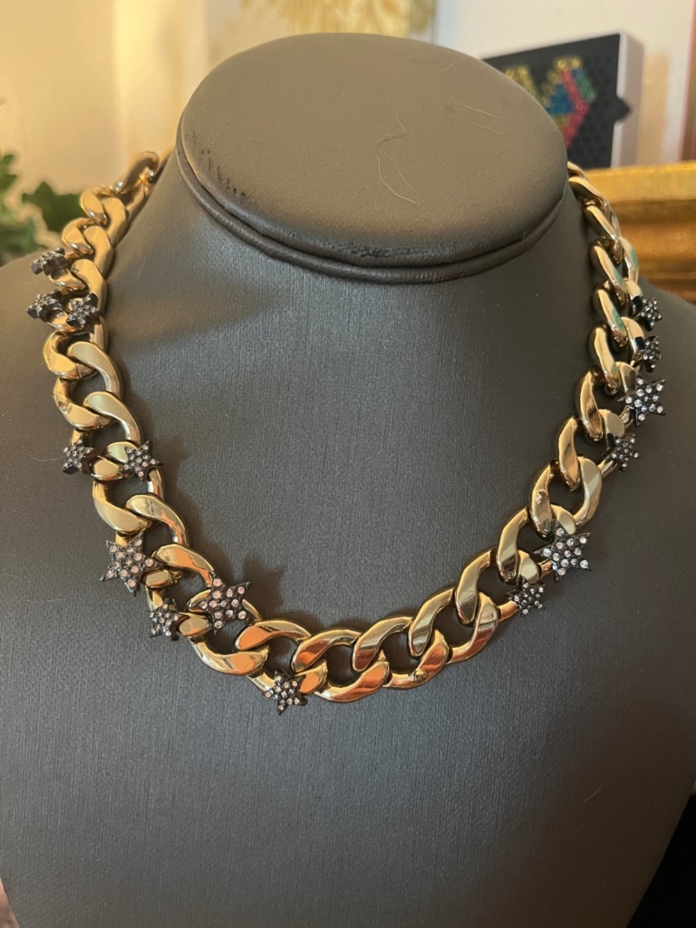 Betsey Johnson Gold Tone Chain Necklace with Star Rhinestone Charms